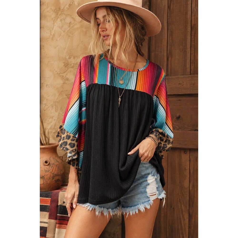Crazy Train Womens Serape Leopard Babydoll Tunic Top Western Boho Black
